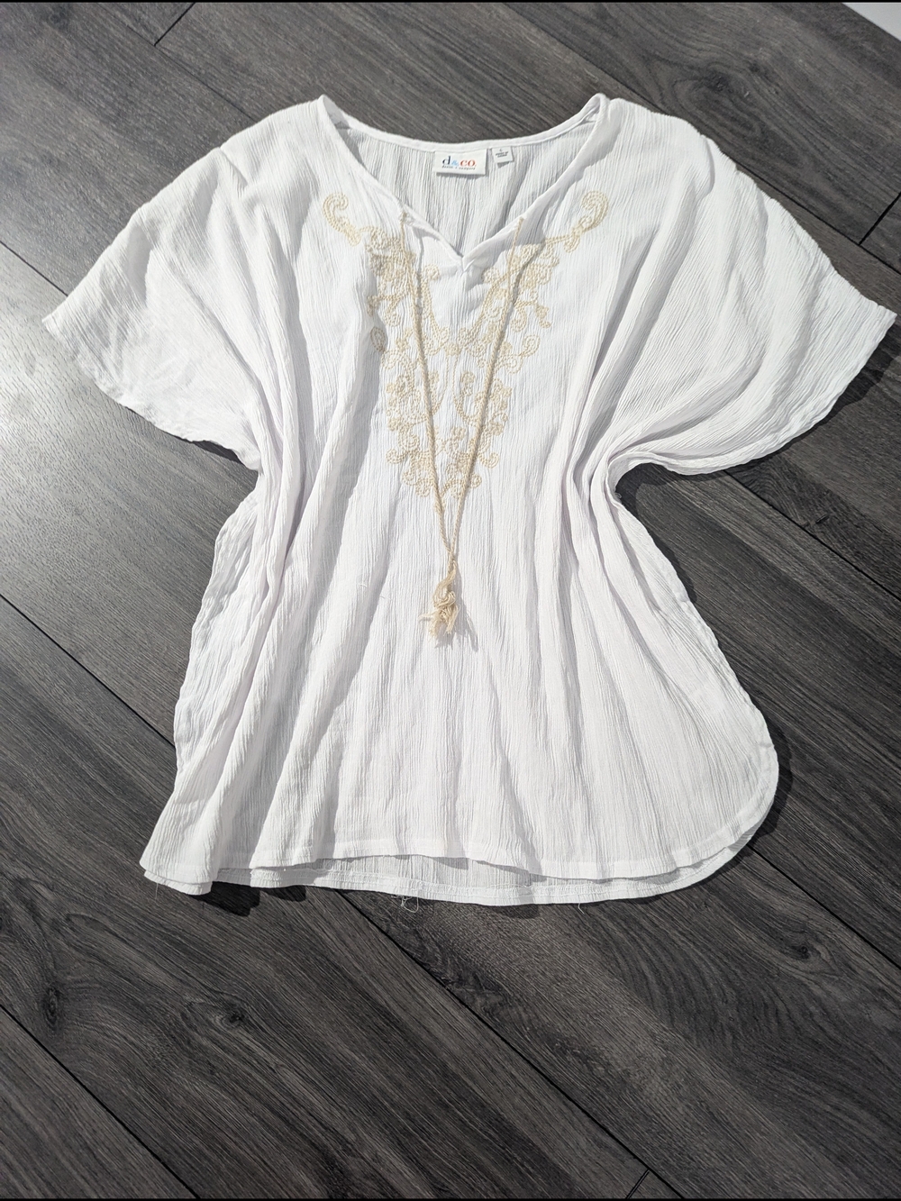Denim&Co White Tunic with Cream Embroidery